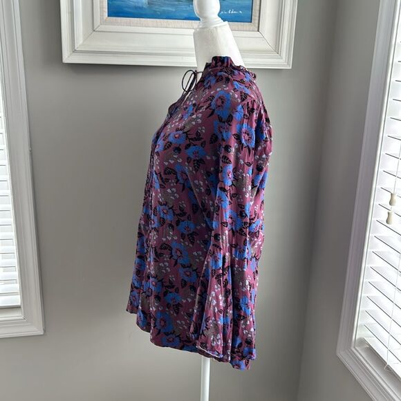 Free People Magic Mystery Tunic Purple Blue Boho Floral Tie Neck Top Blouse S - Picture 6 of 9